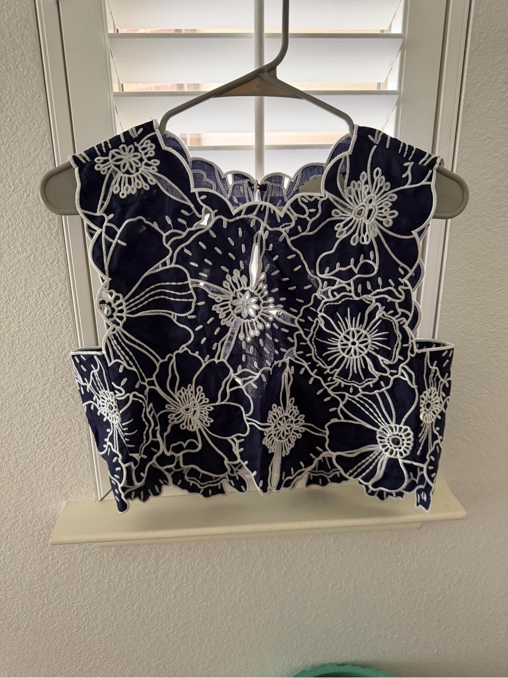 FARM Rio Navy Blue Floral Cutwork Crop Top with White Embroidery